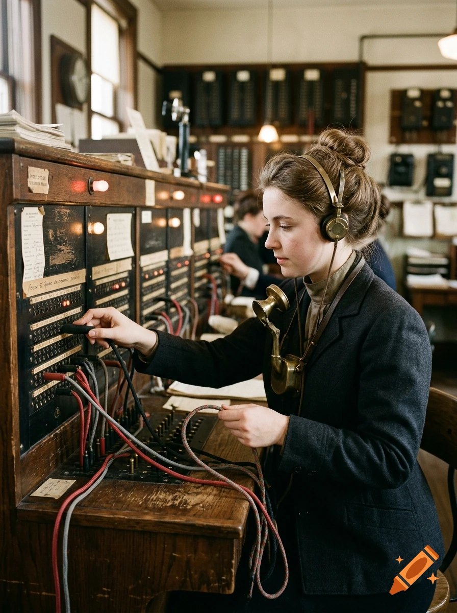Photorealistic image of a young female switchboard operator working at a vintage wooden telephone exchange.