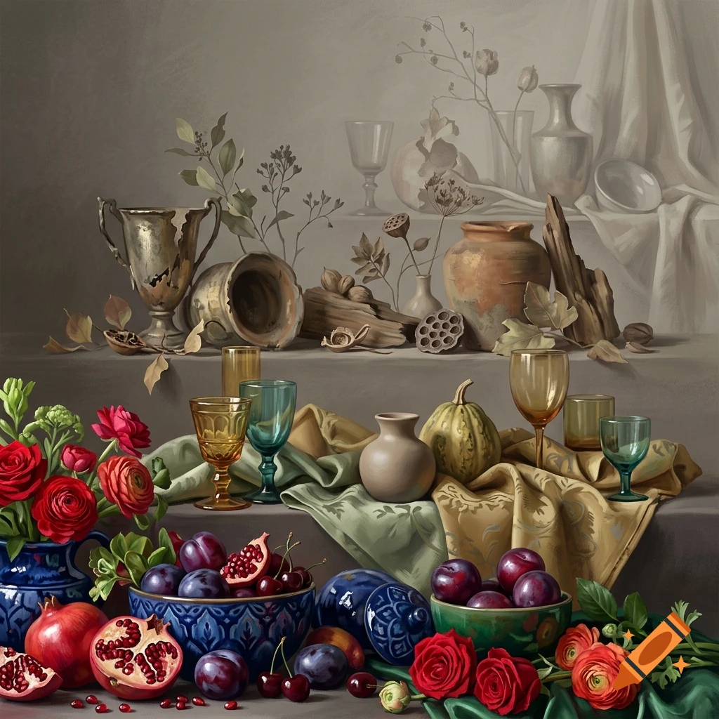 Classic oil painting style still life composition featuring bowls of fruit, pomegranates, red flowers, and glassware on a tiered surface.