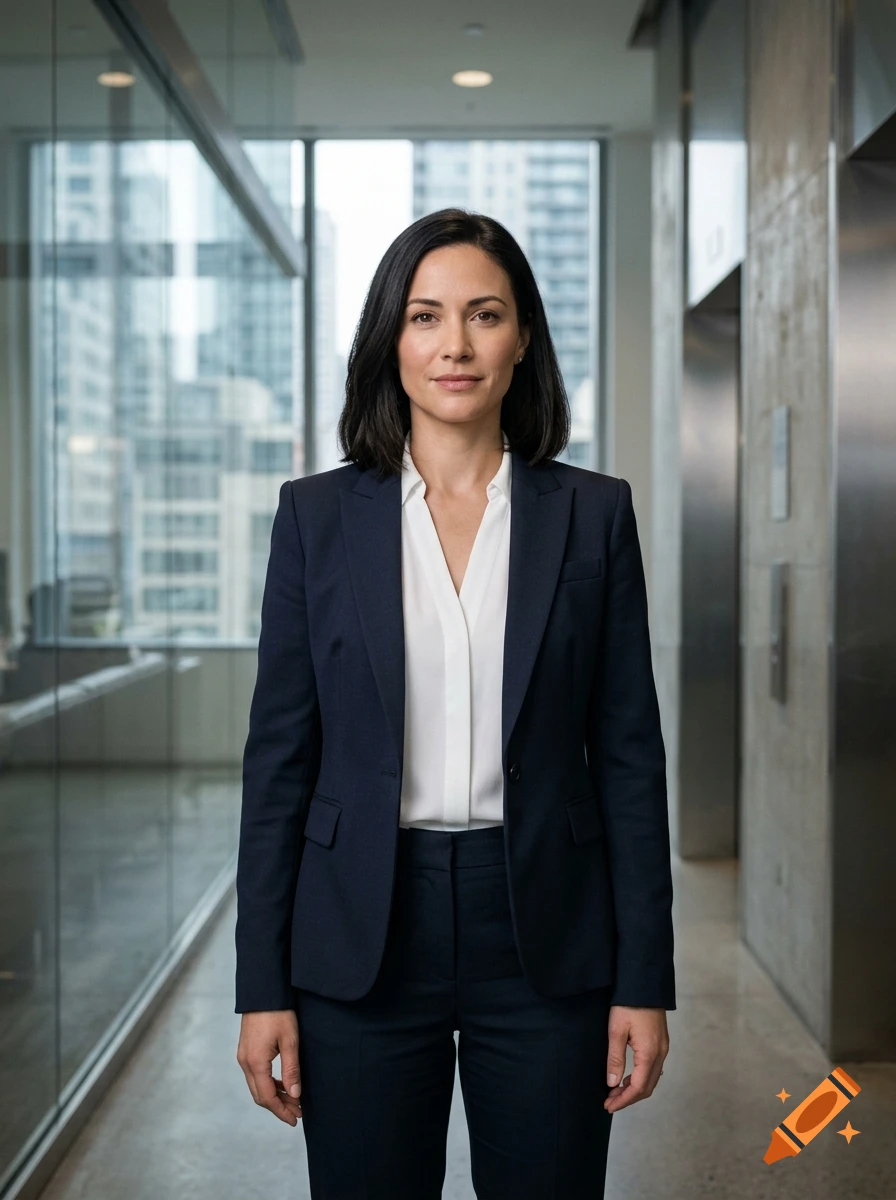 Photorealistic portrait of a woman with dark hair in a professional navy blue pantsuit inside an office building.