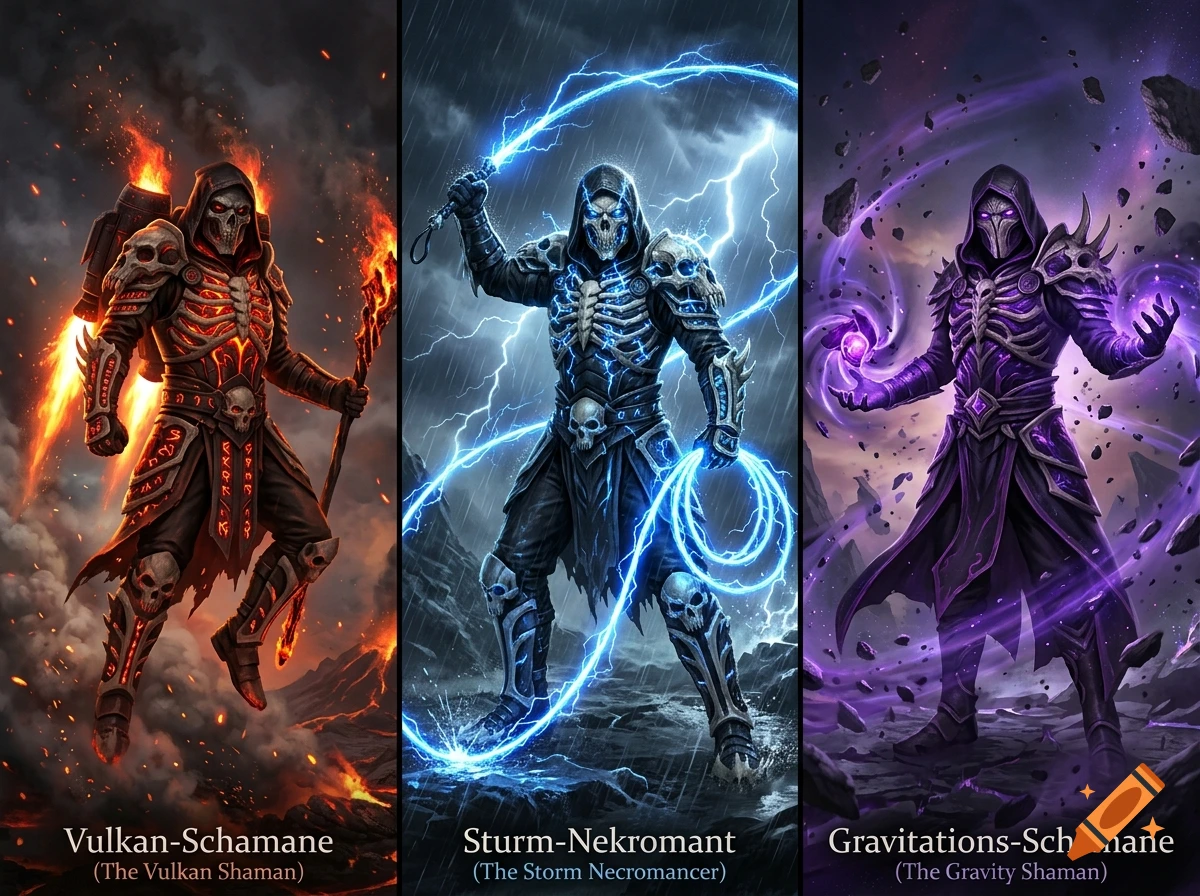 Triptych of three dark fantasy shamans in specialized bone armor with fire, lightning, and gravitational magic effects.