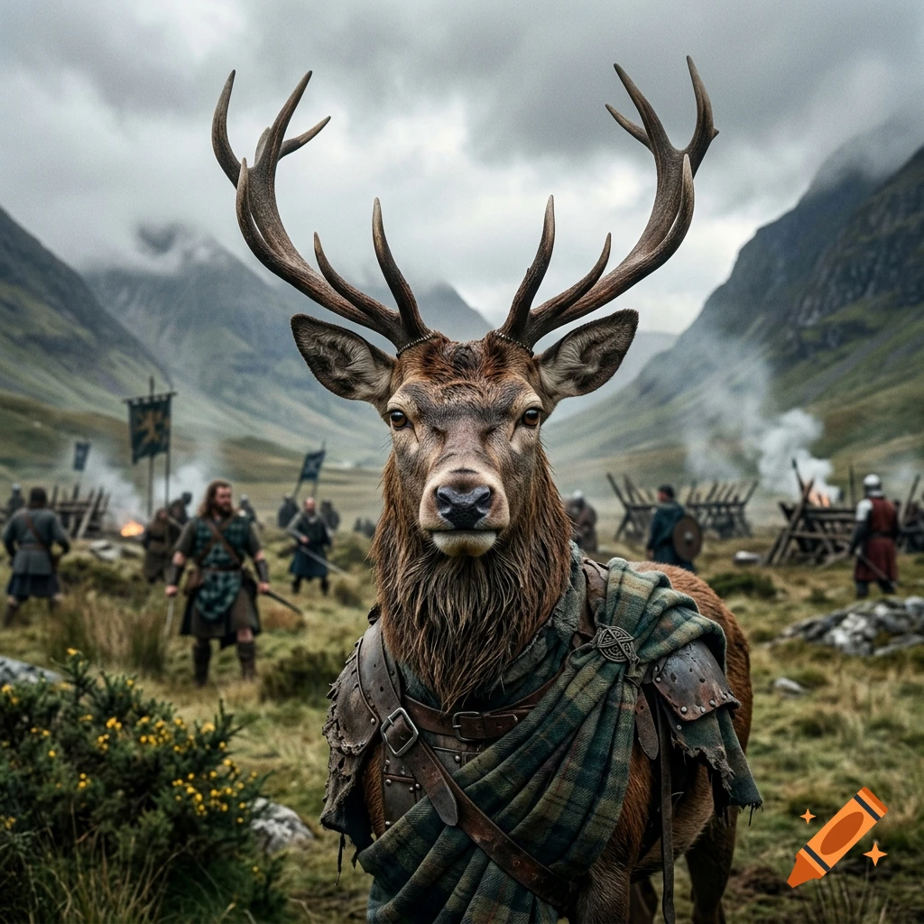 Photorealistic image of a red deer stag dressed in a Scottish tartan kilt and armor, standing in a highland valley with warriors in the background.