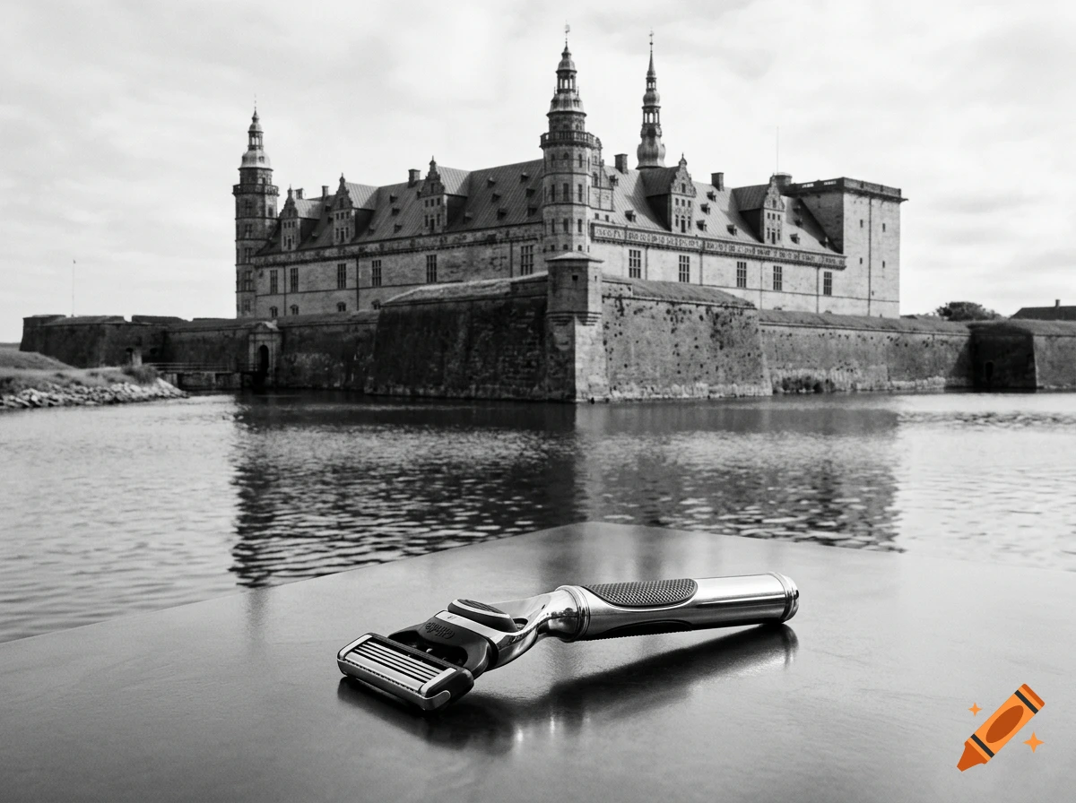 A black and white photograph of a razor in the foreground, with a large castle and moat in the background.