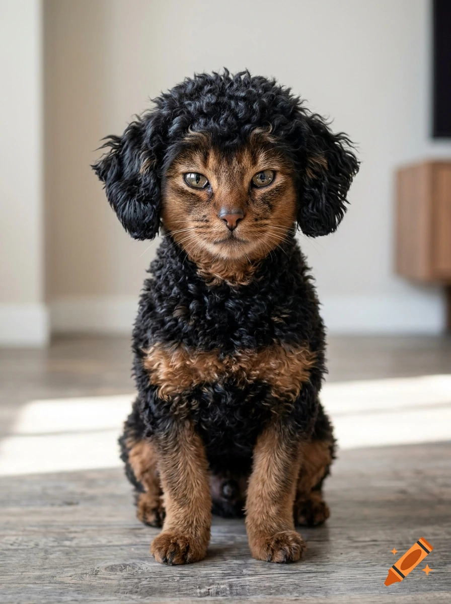 Photorealistic hybrid creature with the black curly fur of a poodle and the face and eyes of a cat, sitting on a wooden floor.
