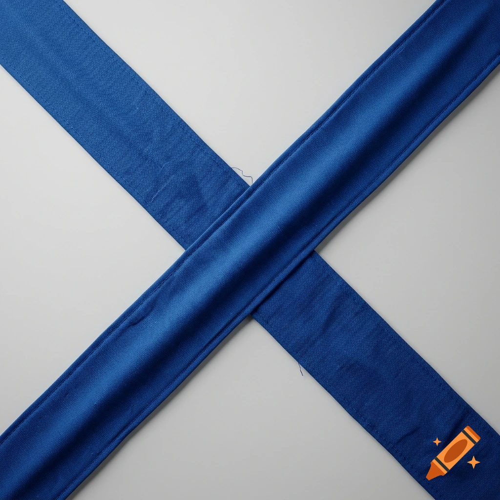 A blue saltire cross made of fabric on a light grey background.