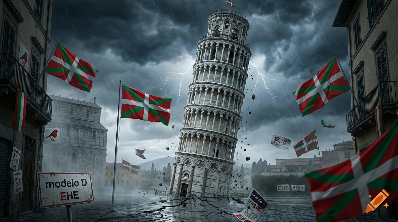 The Leaning Tower of Pisa under a stormy, lightning-filled sky, surrounded by multiple Basque flags fluttering in the wind amidst a dramatic urban setting.