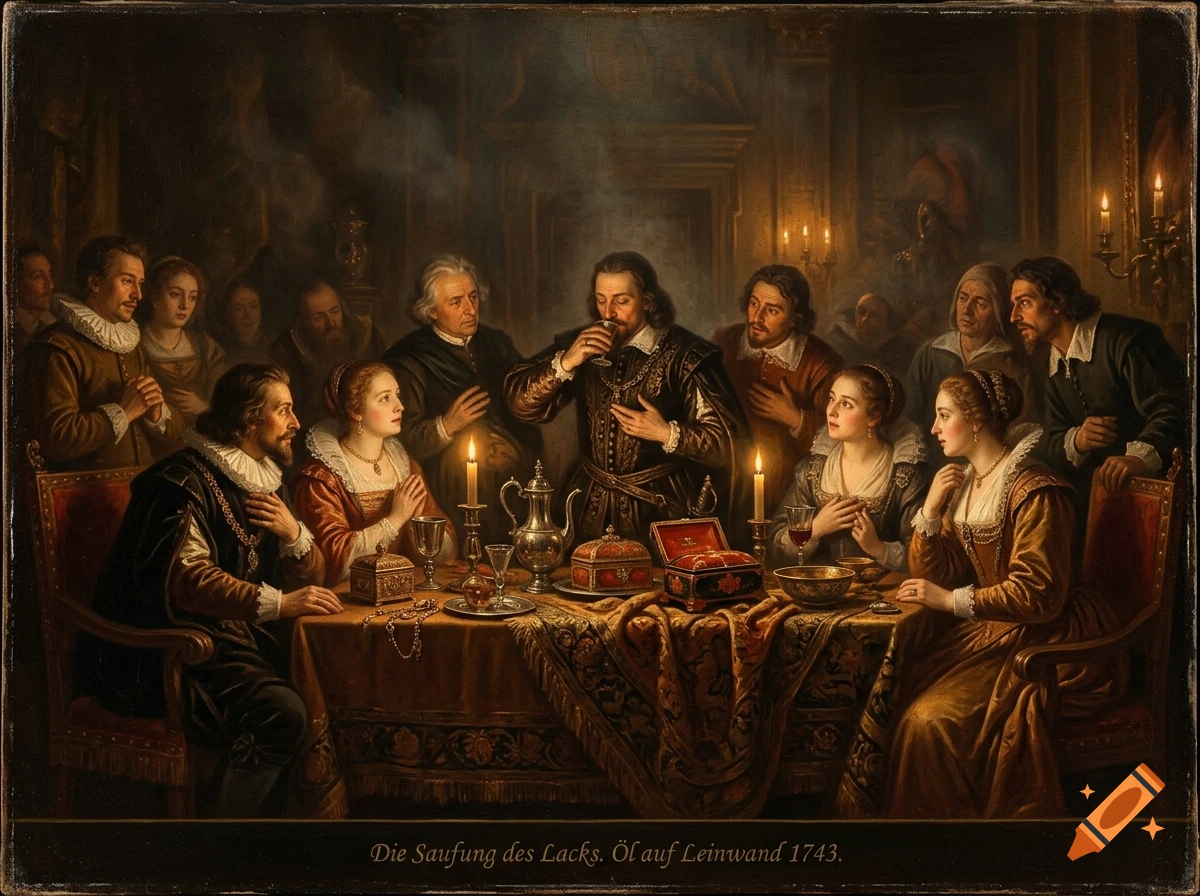 An oil painting depicting a 18th-century banquet scene with people gathered around a candlelit table, drinking and praying.