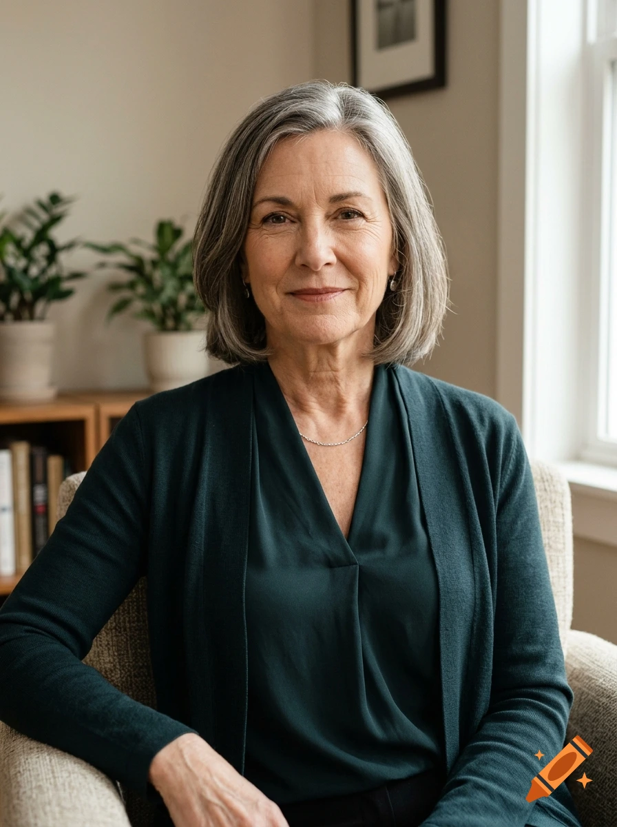 Photorealistic portrait of a middle-aged woman with shoulder-length gray hair wearing a dark green top, seated in a room with a blurred background.