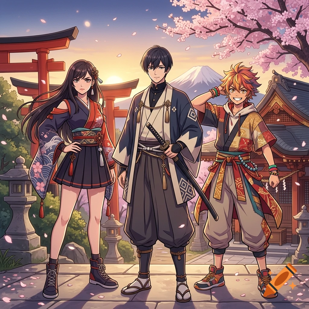 Anime style illustration of three characters standing in front of a Japanese torii gate, shrine, and Mount Fuji.