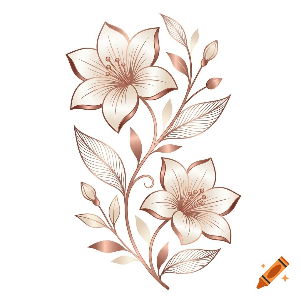 Digital illustration of elegant rose gold and cream flowers with a winding stem on a white background.