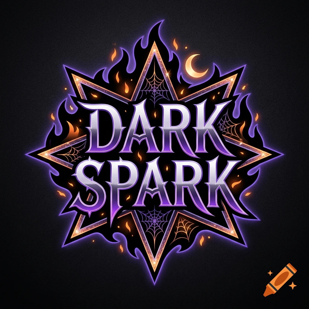 An illustrated logo with the words "DARK SPARK" inside a purple flaming star shape decorated with spiderwebs and a crescent moon against a dark textured background.