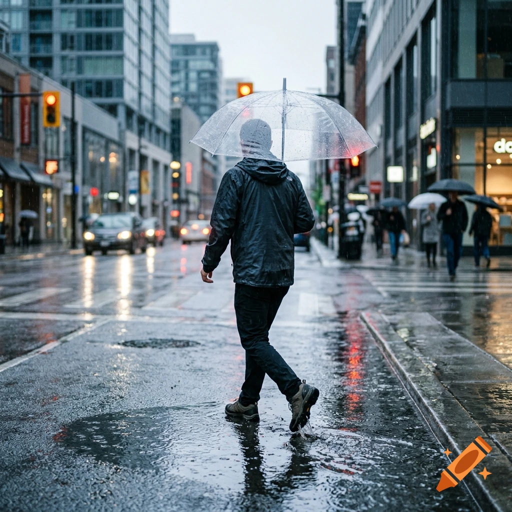 A person holding a clear umbrella walks across a wet city street in the rain.