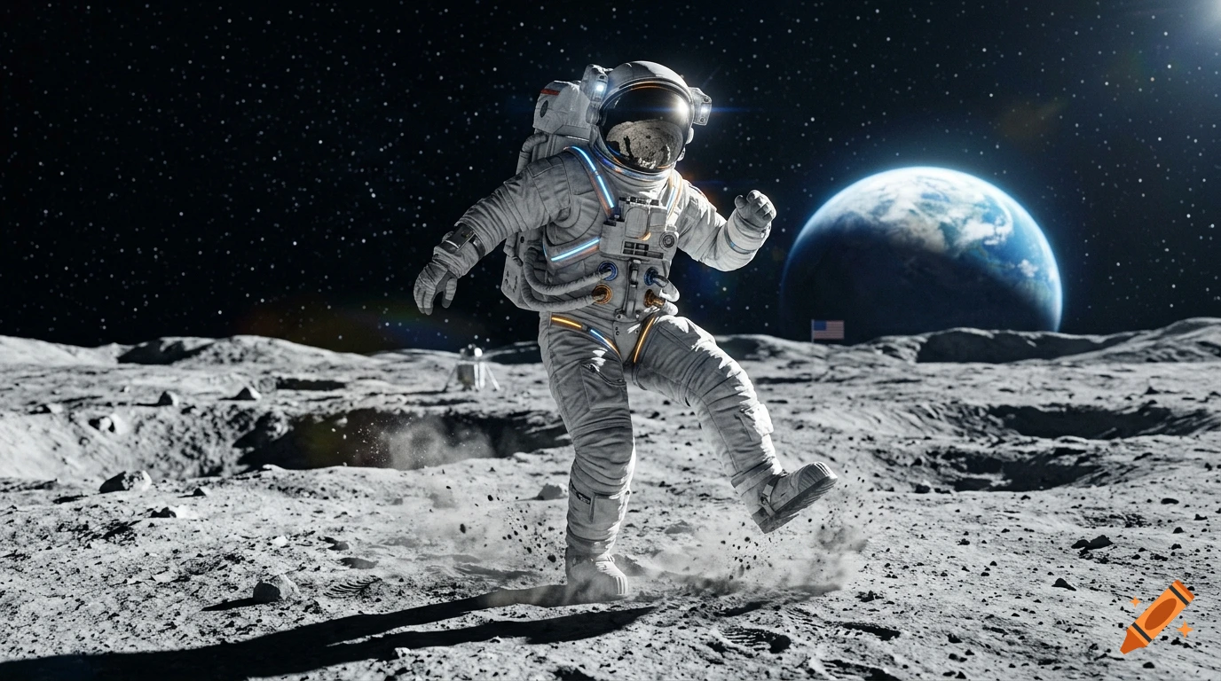 An astronaut in a futuristic spacesuit dancing on the Moon's surface with the Earth and stars in the background, photorealistic style.