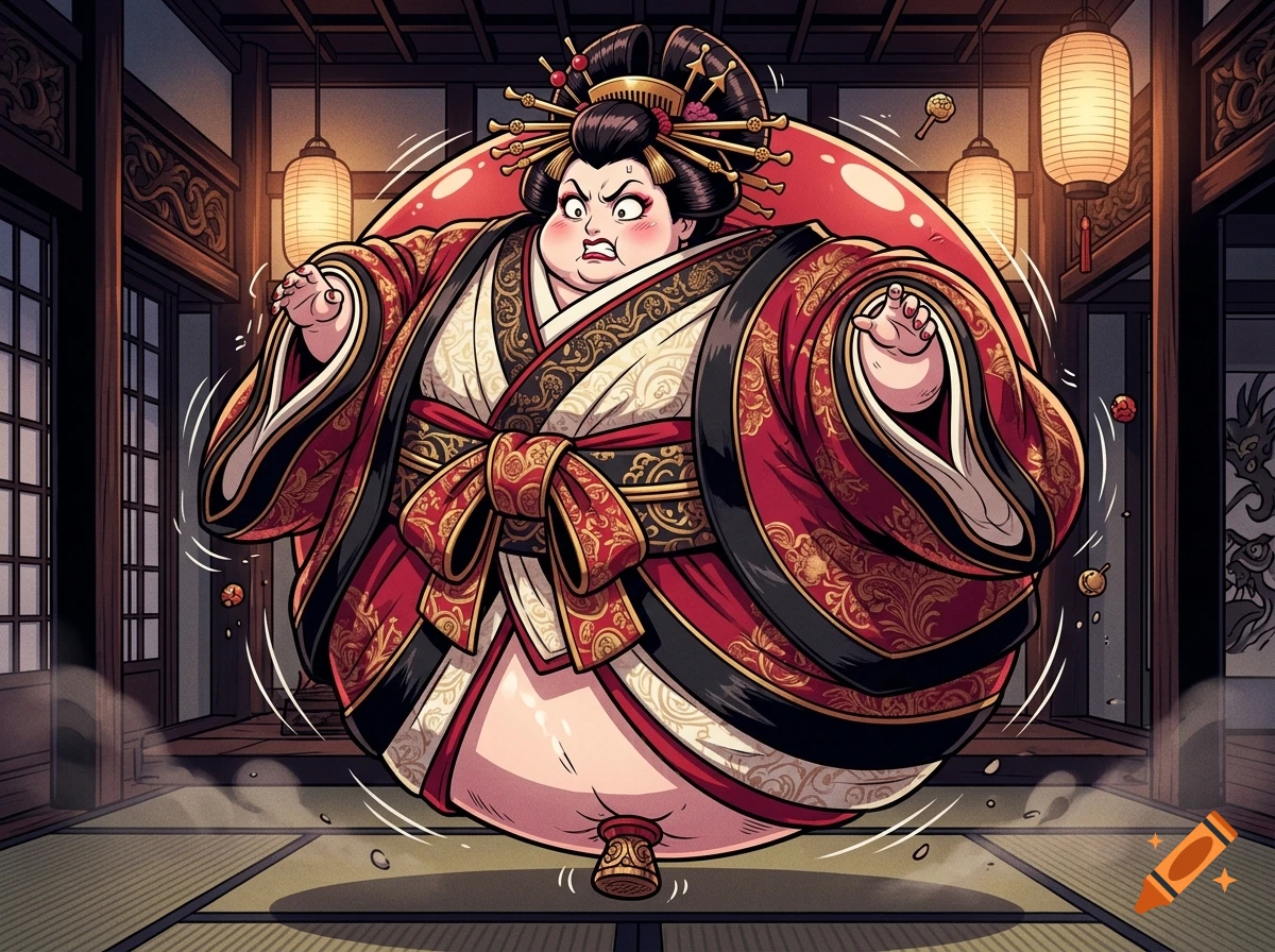 Anime style illustration of a round geisha villain inflated like a balloon with a wooden cork at the bottom, in a traditional pagoda interior.