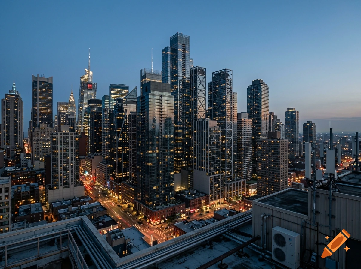 Photorealistic high-angle view of a dense city skyline with illuminated skyscrapers at dusk.