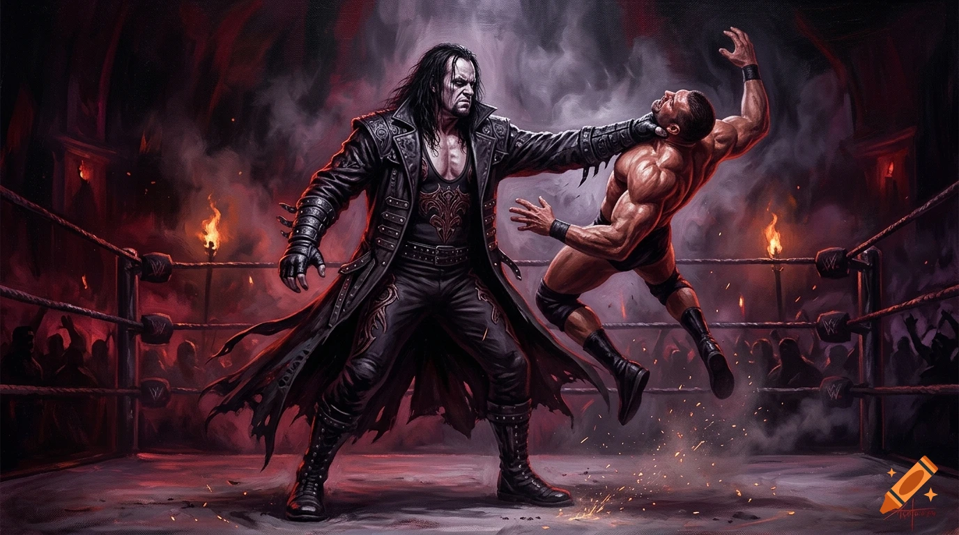 Dark fantasy oil painting of The Undertaker performing a chokeslam on an opponent inside a wrestling ring.