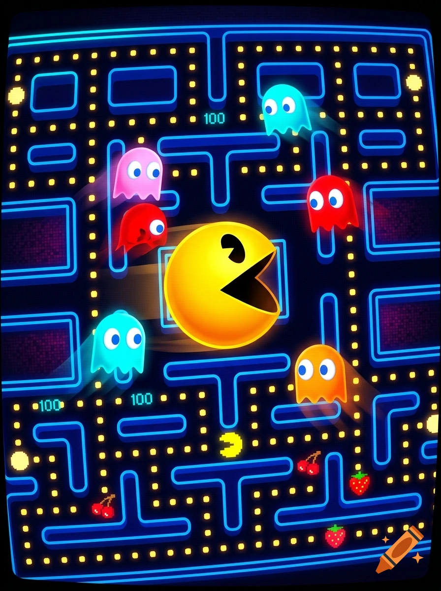 Neon-style Pac-Man arcade screen showing the yellow character chased by colorful ghosts on a dark blue maze.