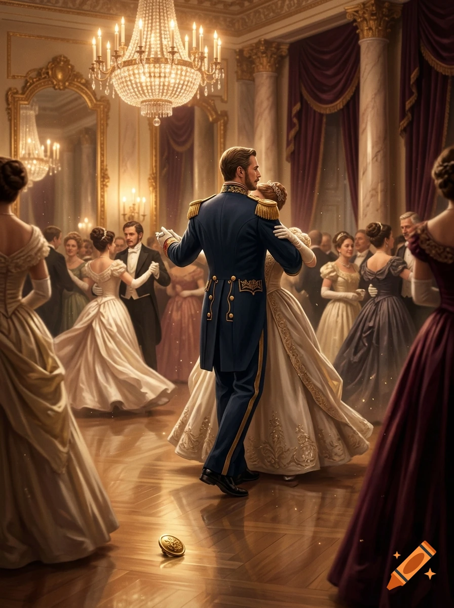An officer in a blue uniform dances with a woman in a ballgown at a grand royal ballroom.