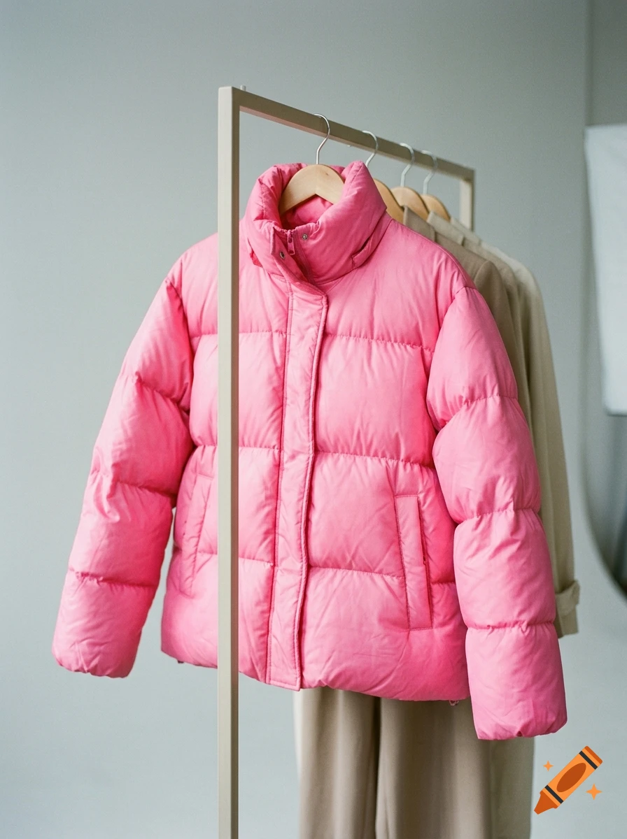 Bright pink puffer jacket hanging on a clothing rack with neutral-colored coats in the background.