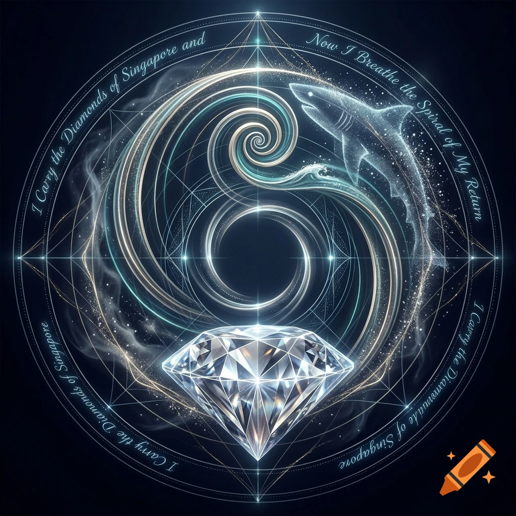 An intricate glowing sigil featuring a diamond at the bottom, a spiral, a shark silhouette, and circular text in a dark background.