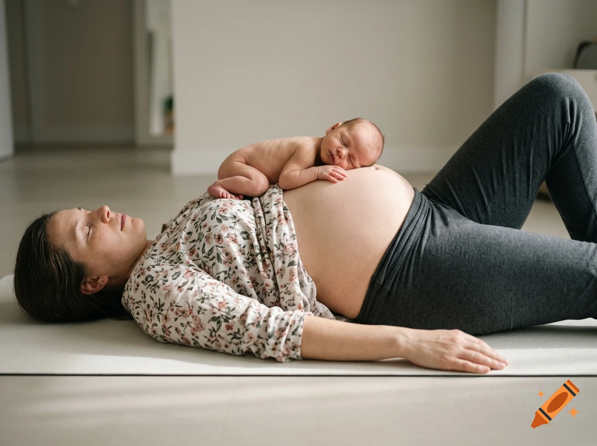 Photorealistic image of a pregnant woman lying on a mat with a tiny newborn baby resting on her belly.