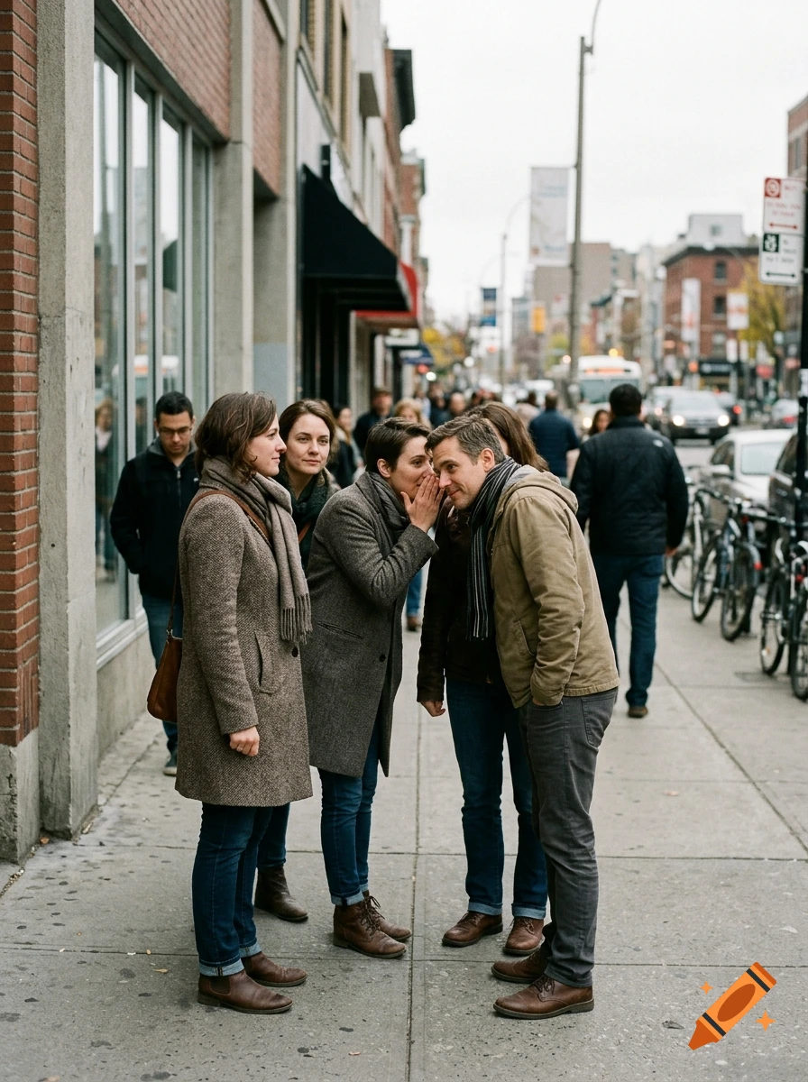 A group of people standing on a city sidewalk, with one woman whispering into a man's ear while others stand nearby.