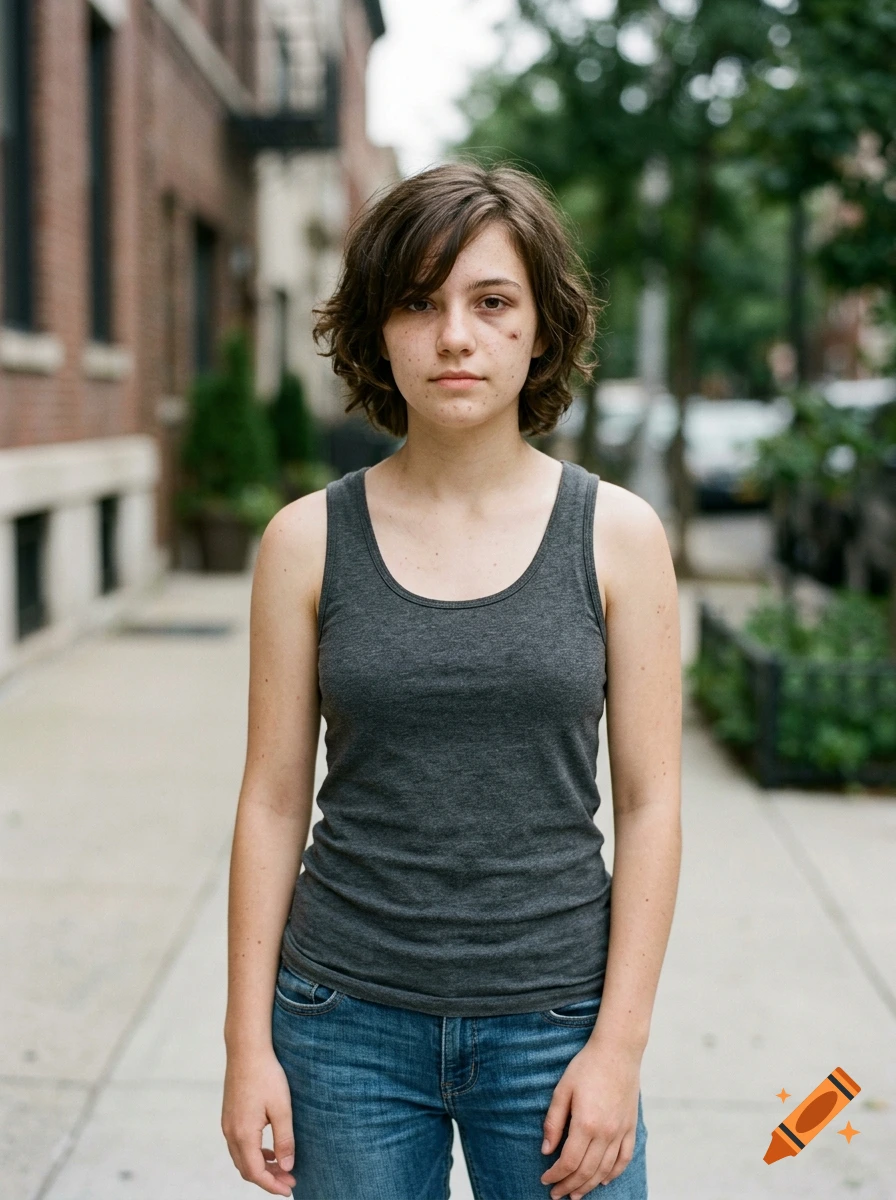 Photorealistic portrait of a young person with short brown hair, a grey tank top, and jeans, standing on a city sidewalk.