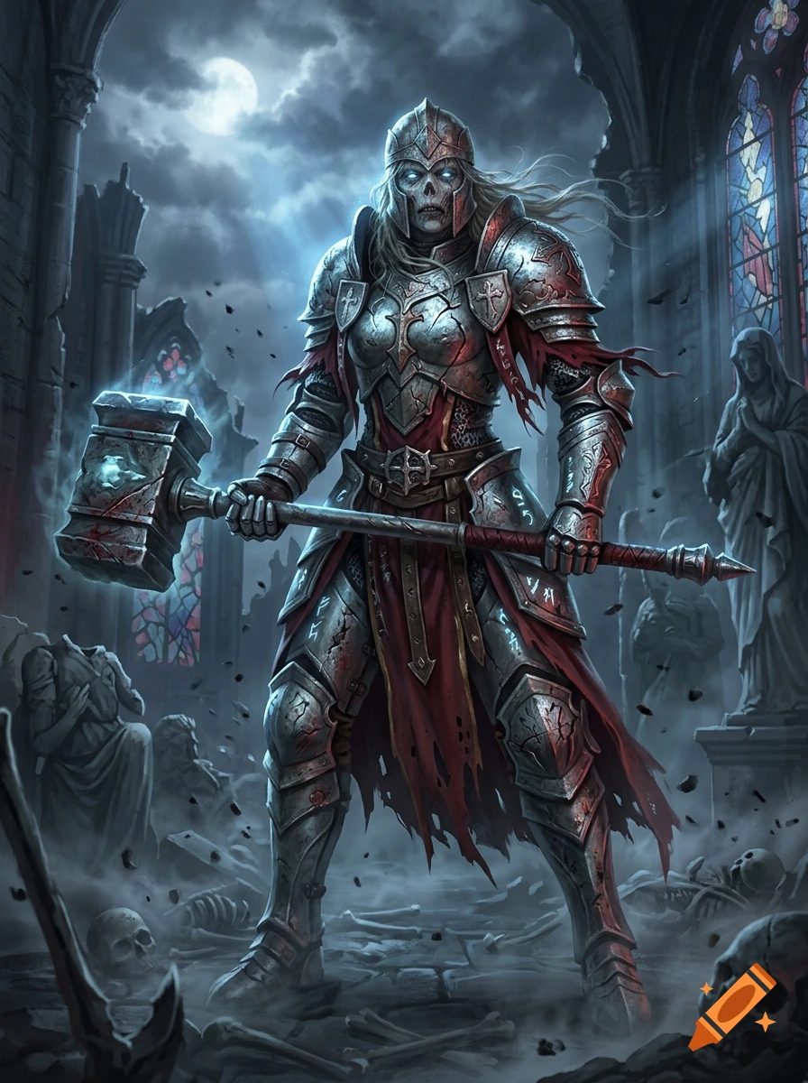 An undead knight in ornate armor holding a large glowing hammer inside a ruined building at night.