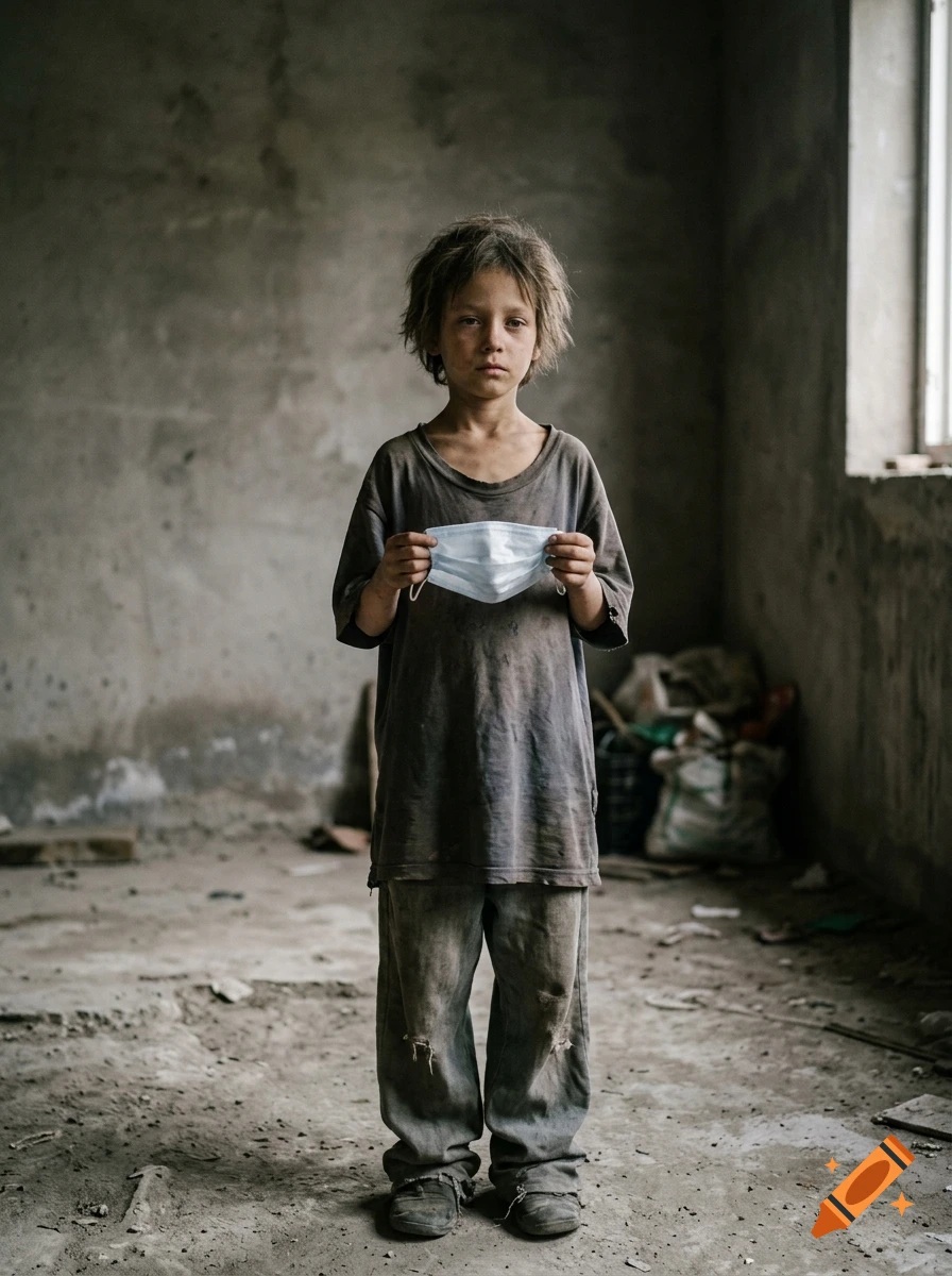 A photorealistic portrait of an emaciated child holding a surgical mask in a dilapidated room.