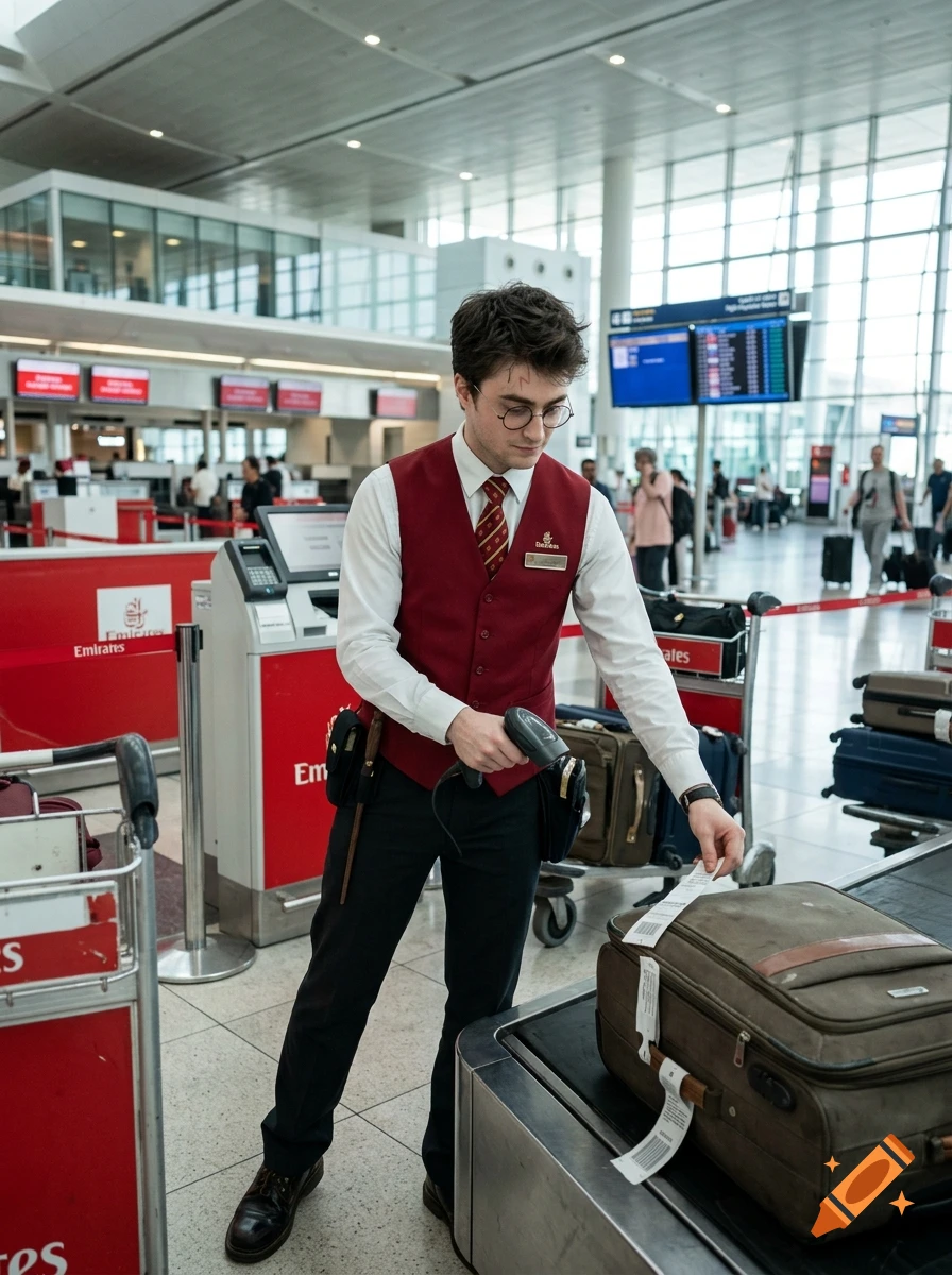 Photorealistic image of Harry Potter working as an Emirates baggage service agent in an airport terminal, scanning a suitcase.