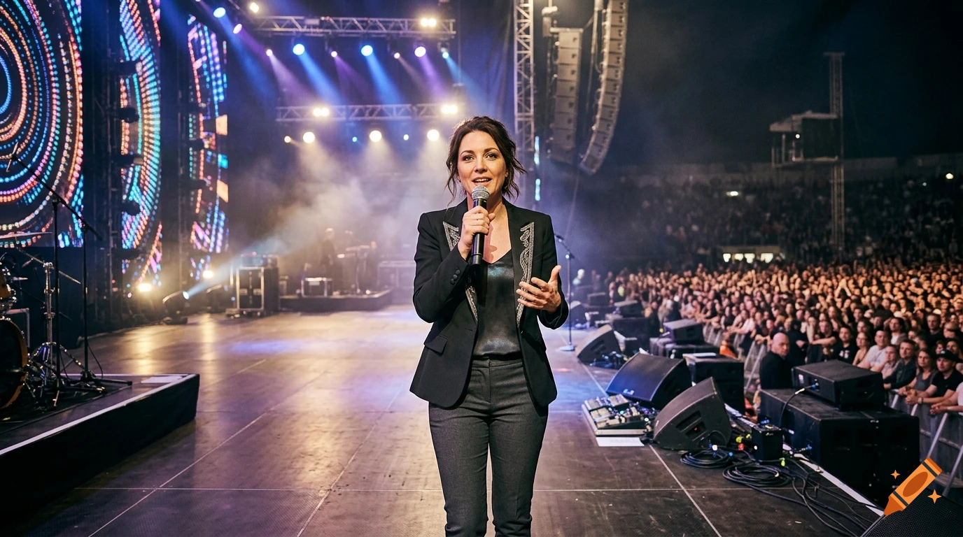 A woman speaking into a microphone on a large stage at a concert venue, facing a massive audience.