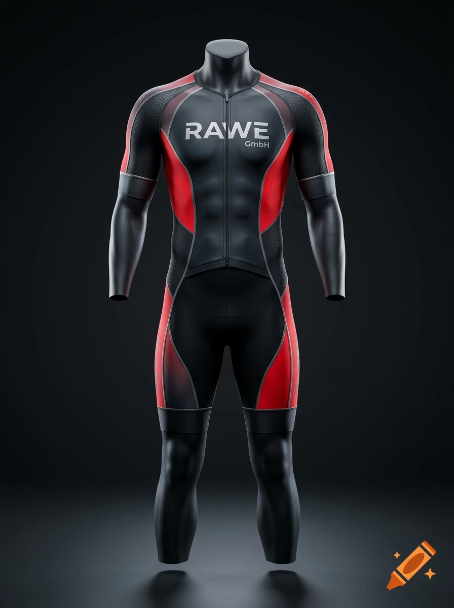 A sleek black and red triathlon suit with the logo RAWE GmbH displayed on the chest, displayed on a headless mannequin.