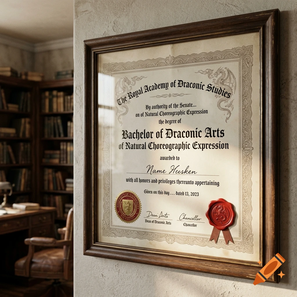 A framed diploma from The Royal Academy of Draconic Studies hangs on a wall in a study with bookshelves.