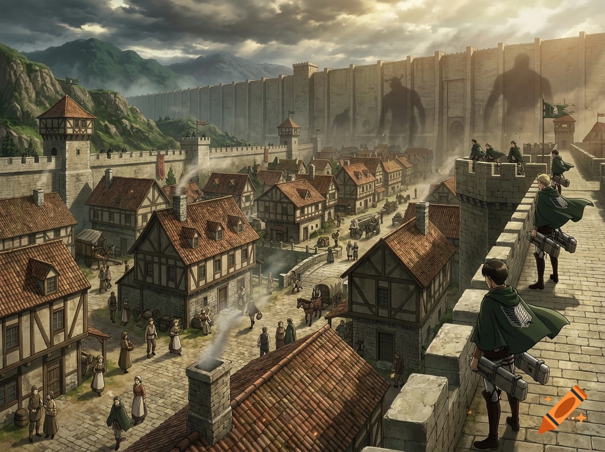 Anime-style fantasy village inside giant walls with soldiers looking out over the town.