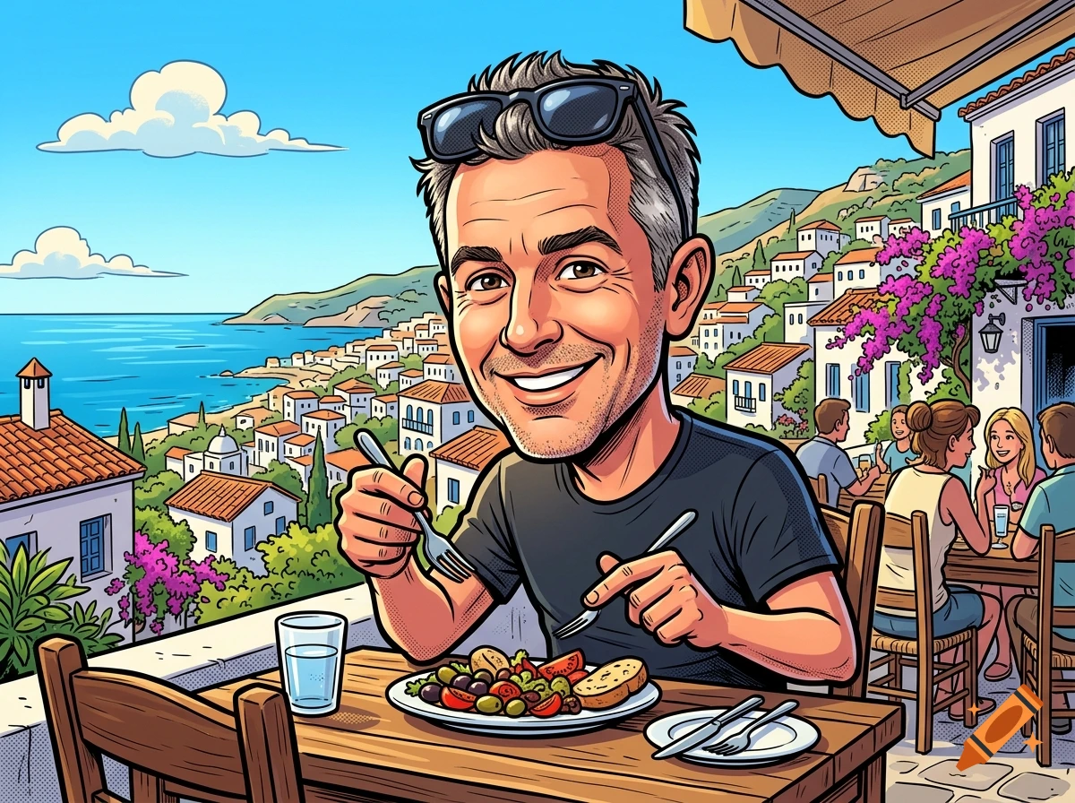An illustrated portrait of a smiling man eating a meal at an outdoor restaurant overlooking a coastal town and sea.