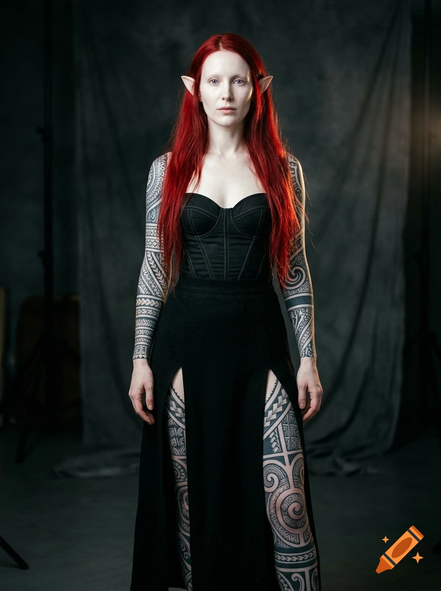 Photorealistic portrait of a female elf with red hair, porcelain skin, tribal tattoos, and a black bustier.