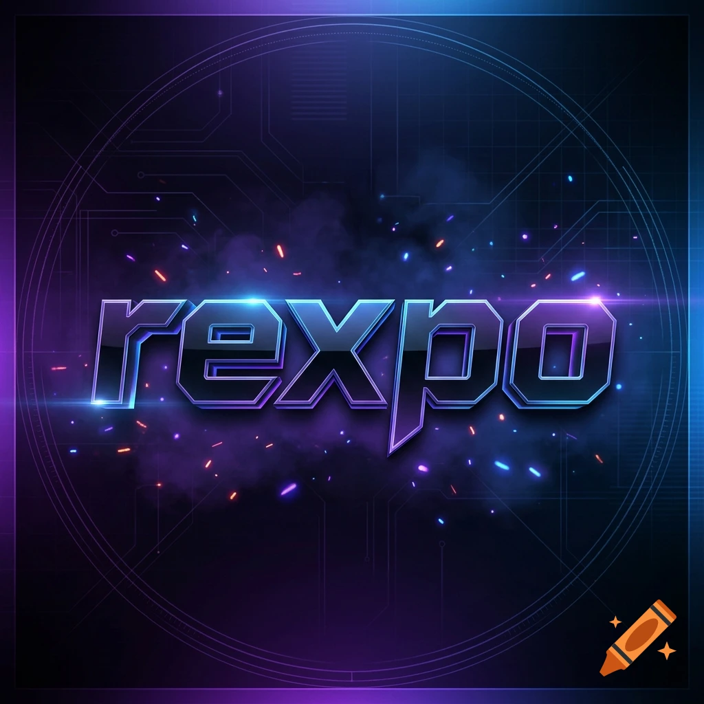 Futuristic profile picture featuring the text rexpo in glossy blue lettering against a dark tech background with purple smoke and glowing sparks.