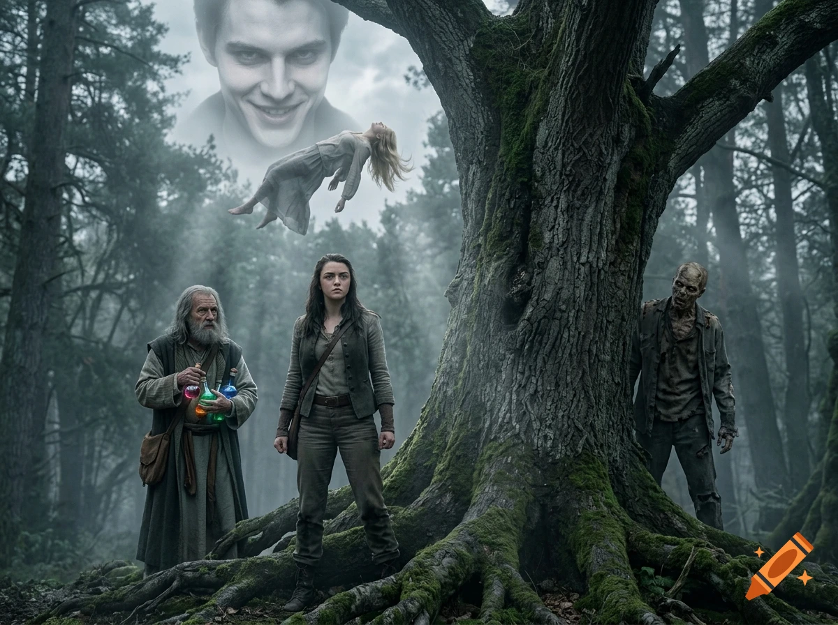 A determined woman and an old man with potions stand before a large mossy tree in a misty forest, with a zombie and a floating woman nearby, and a giant evil face in the sky.