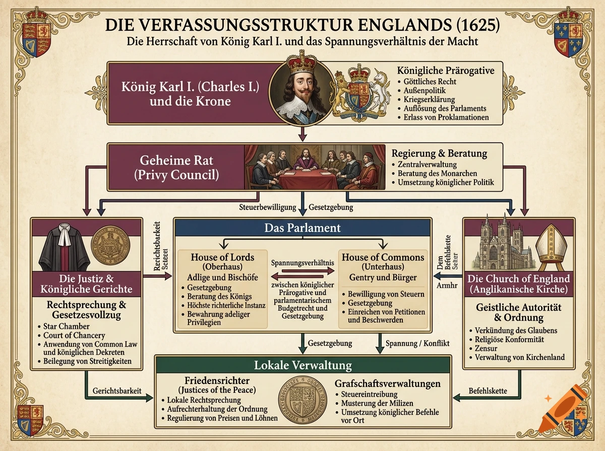 An educational historical diagram in German explaining the constitutional structure of England in 1625.