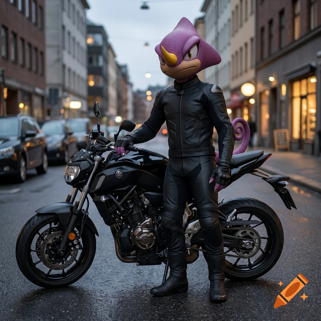 Photorealistic image of Espio the Chameleon in a black leather suit posing next to a black motorcycle on a city street.