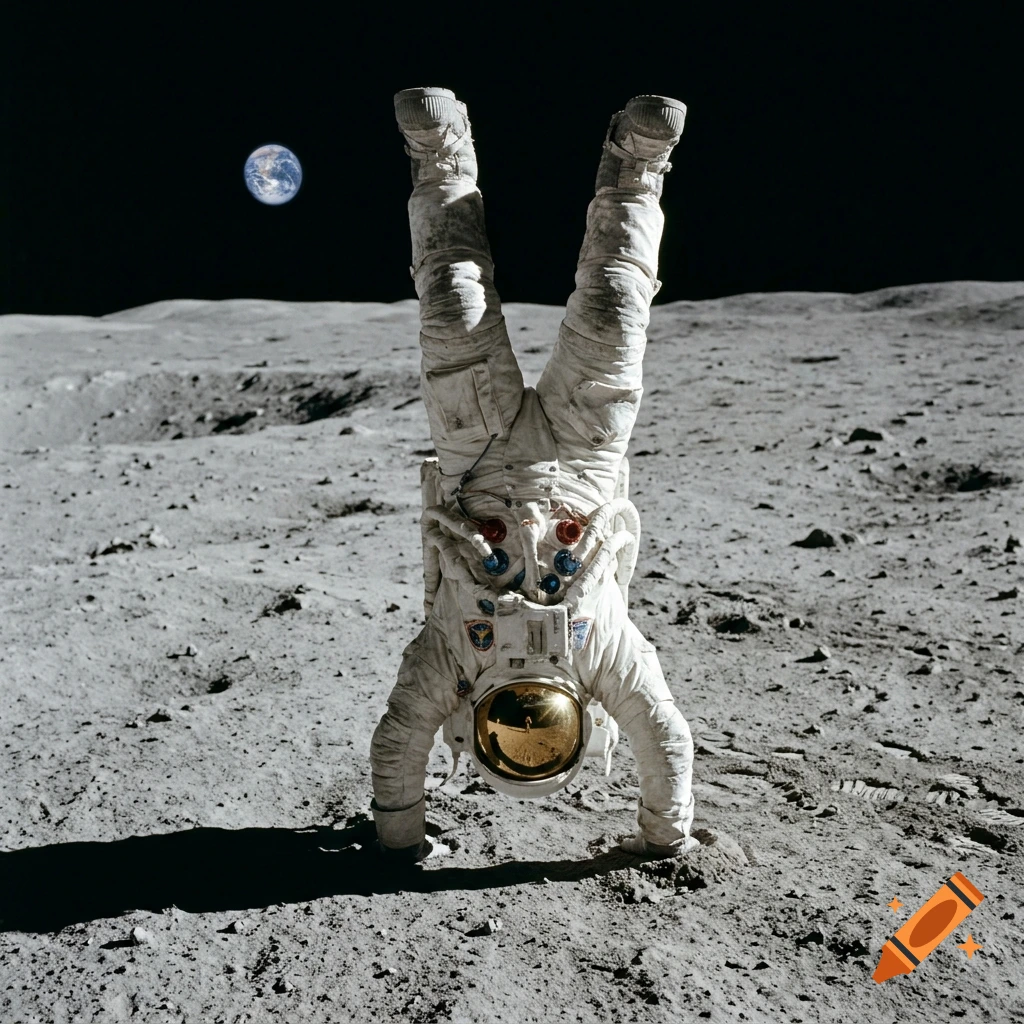 Photorealistic image of an astronaut doing a handstand on the moon's surface with Earth visible in the black sky.