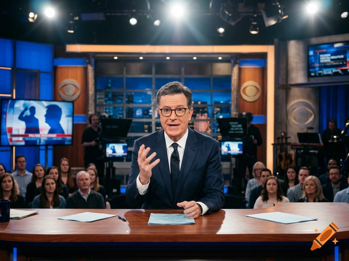 Stephen Colbert hosting a late-night talk show behind a wooden desk with studio audience and cameras in background.