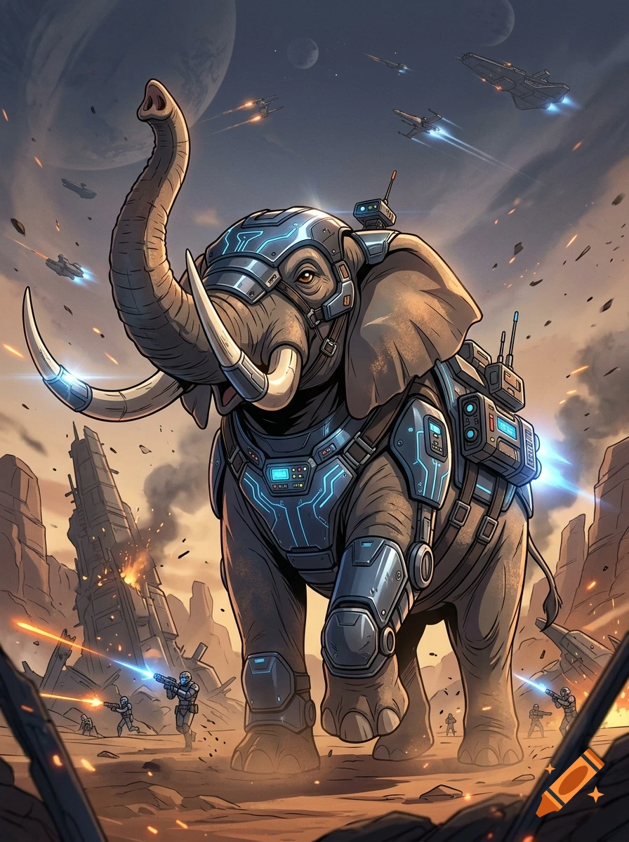An armored elephant in a sci-fi battlefield with starships in the background, illustrated style.