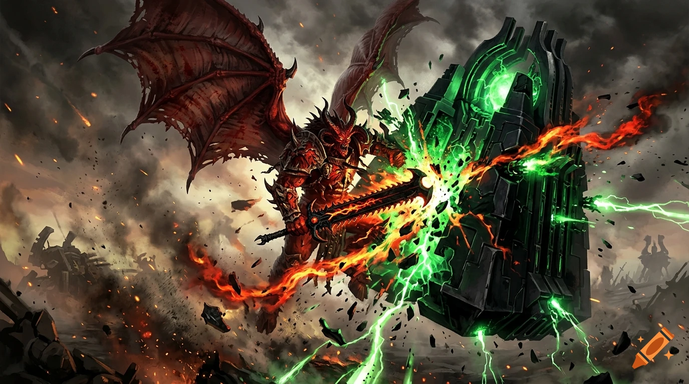 Digital art of a red daemon with wings attacking a glowing green monolith in a battlefield.