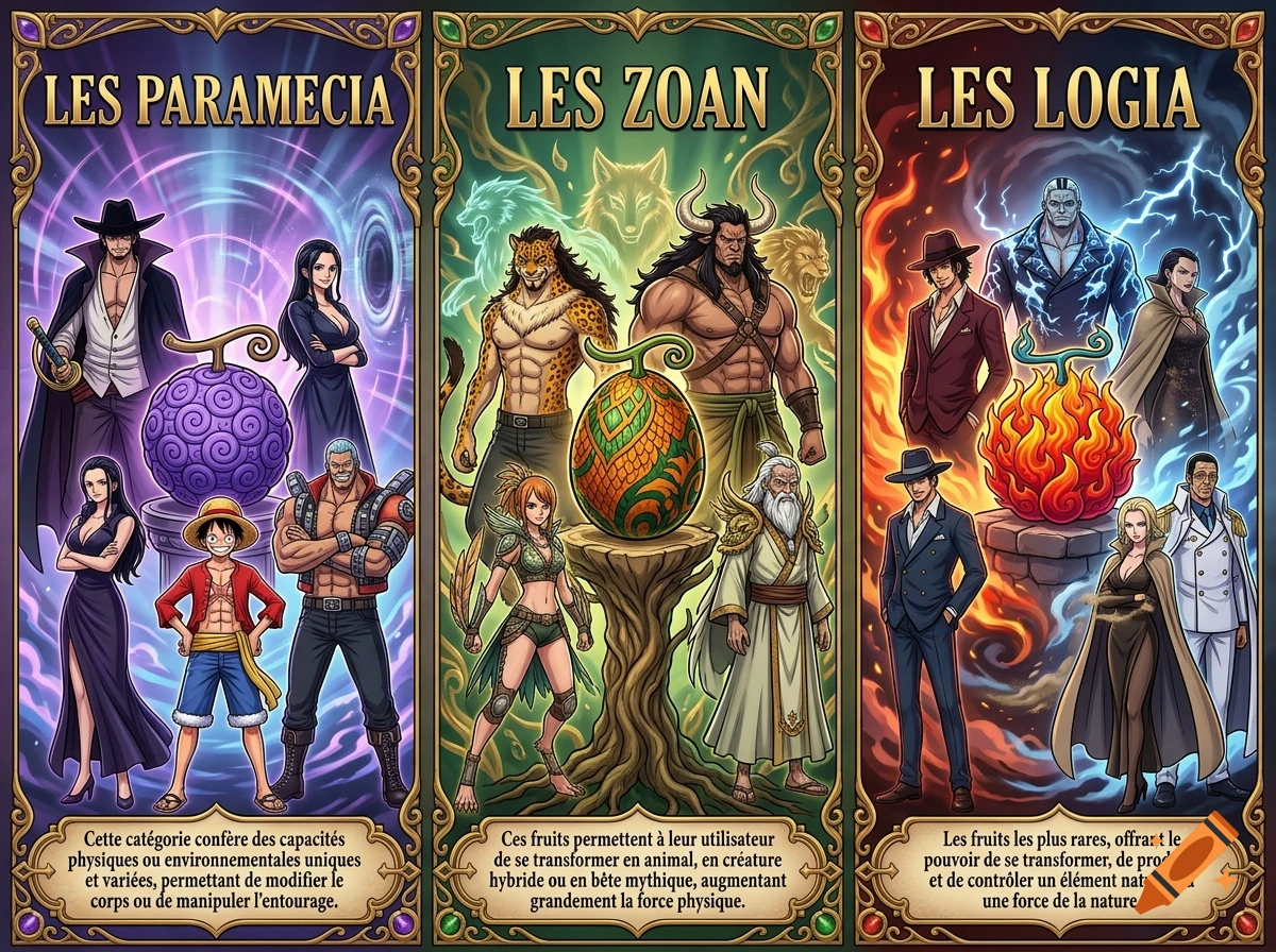 An anime-style triptych poster illustrating the three Devil Fruit types from One Piece, featuring characters and the respective fruits.