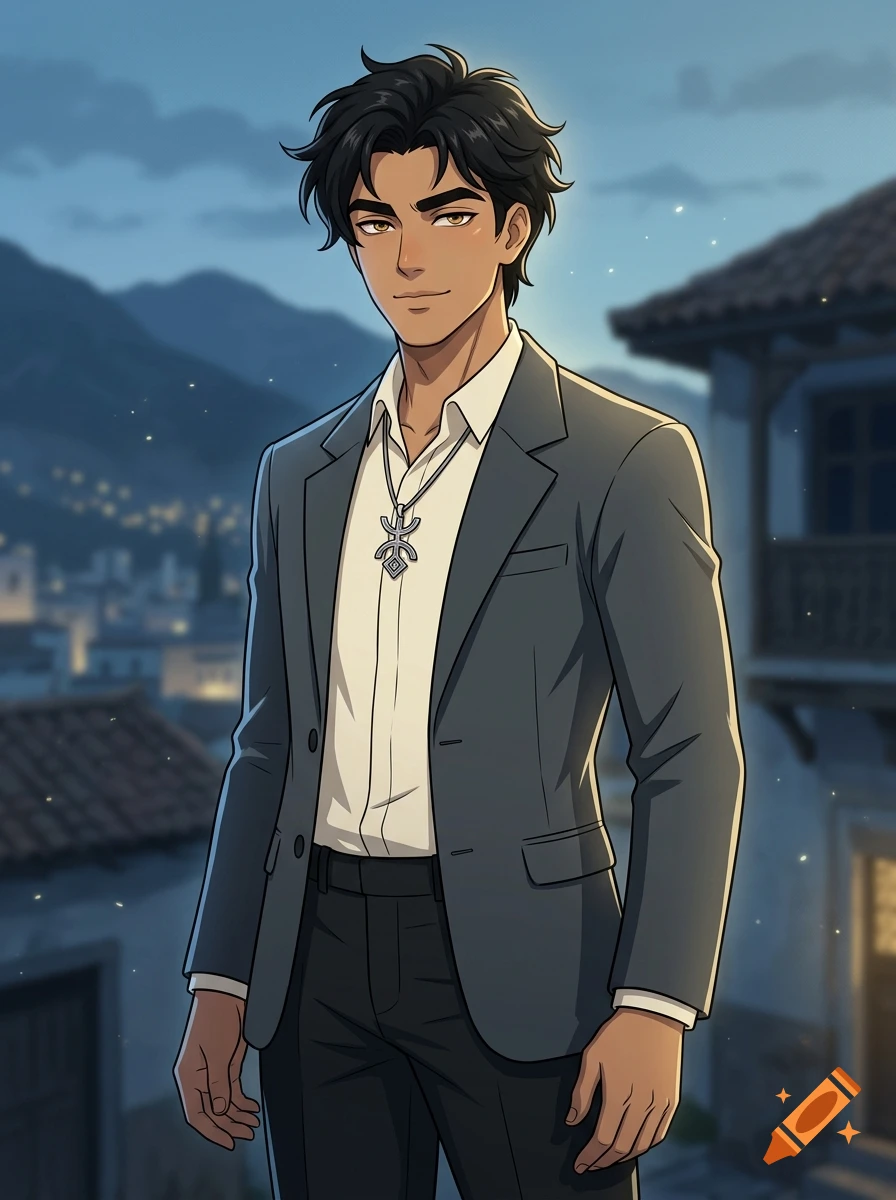 Anime style illustration of a charming young man with dark hair and warm eyes wearing a grey suit jacket over a white shirt.