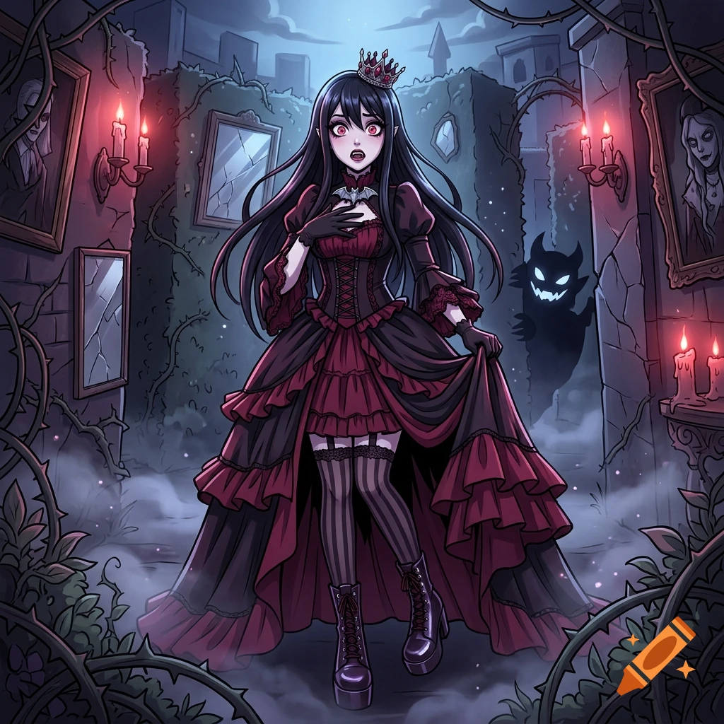 An anime-style illustration of a gothic vampire princess in a dark haunted maze with glowing candles and a shadowy creature.