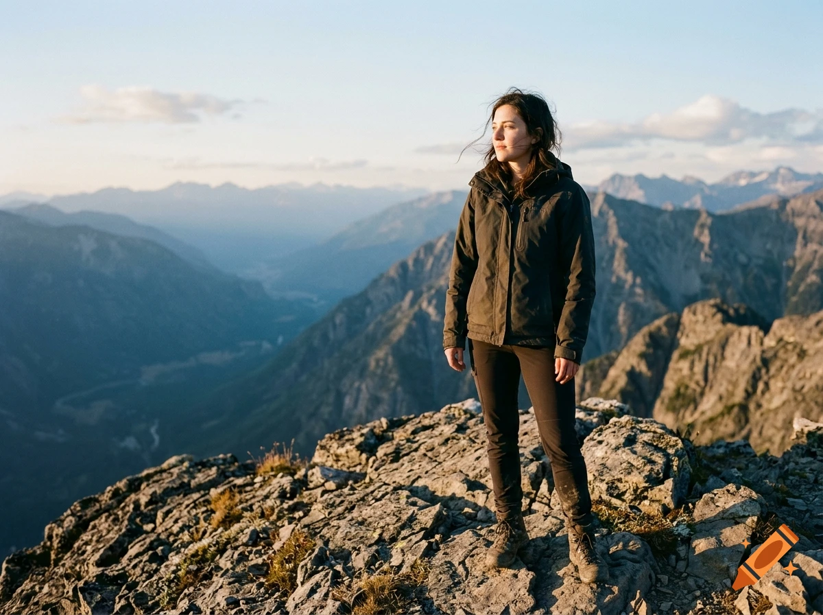 A young woman standing on a rocky mountain summit in the late afternoon sun, looking into the distance with mountain ranges in the background, photorealistic style.