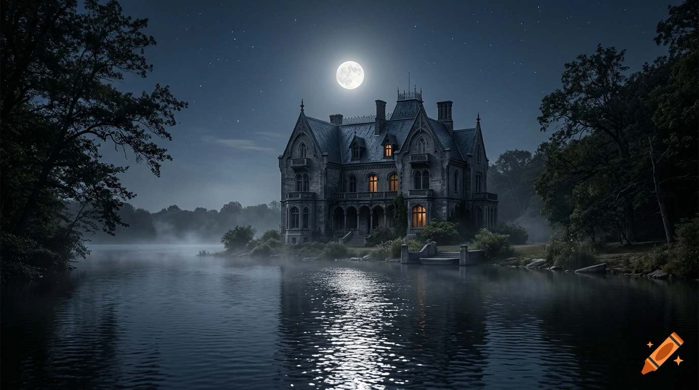 Photorealistic night scene of a large gothic mansion by a lake under a full moon, with glowing windows and starry sky.