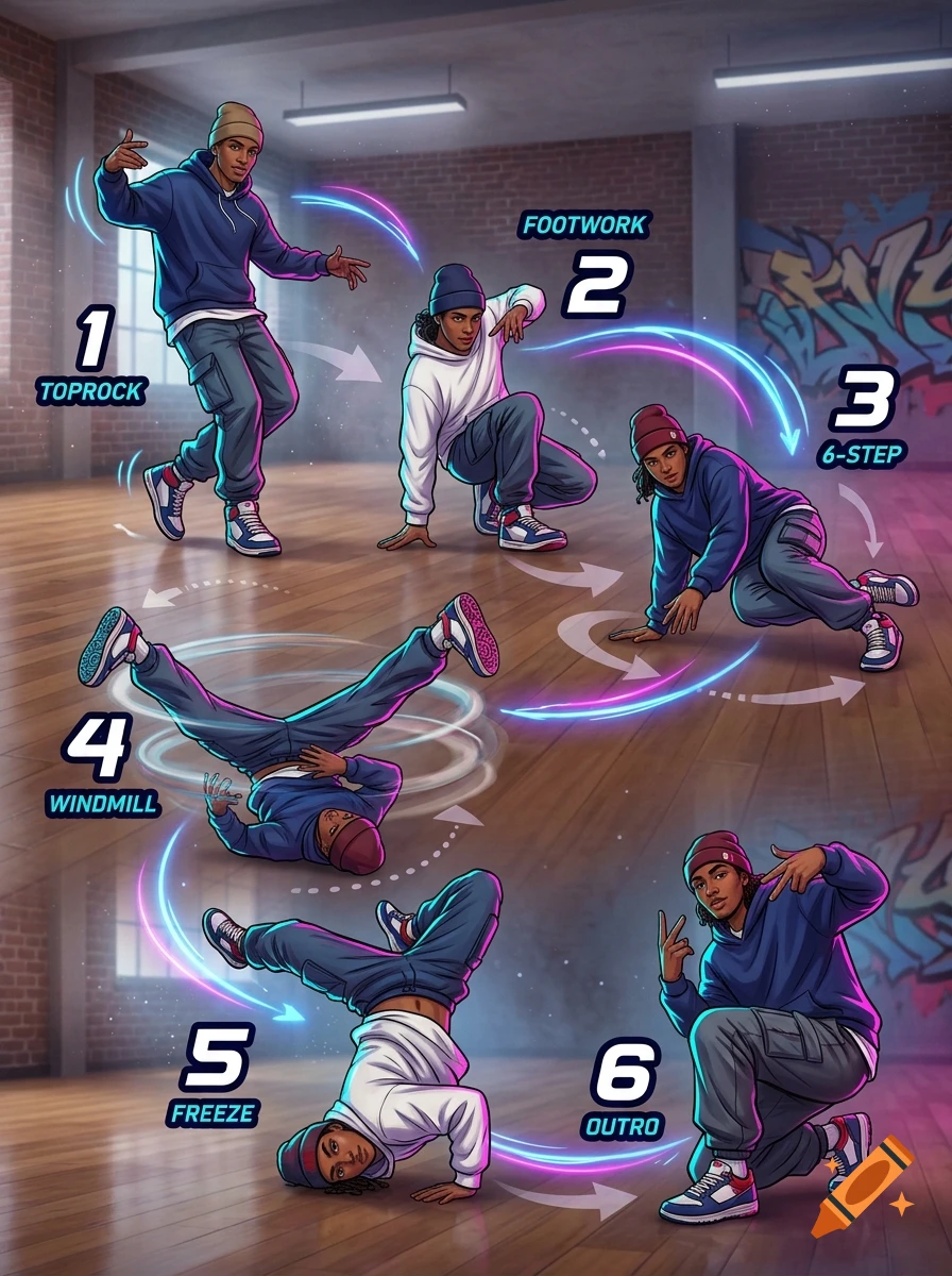 Step-by-step comic illustration guide on how to breakdance, showing numbers 1 through 6 with different dance poses in a studio.