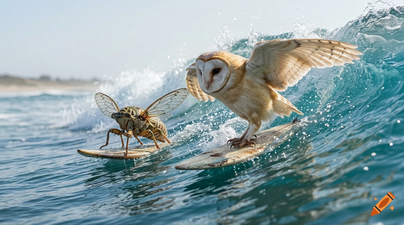 A photorealistic action shot of a barn owl and a large cicada surfing side by side on surfboards riding a large ocean wave.